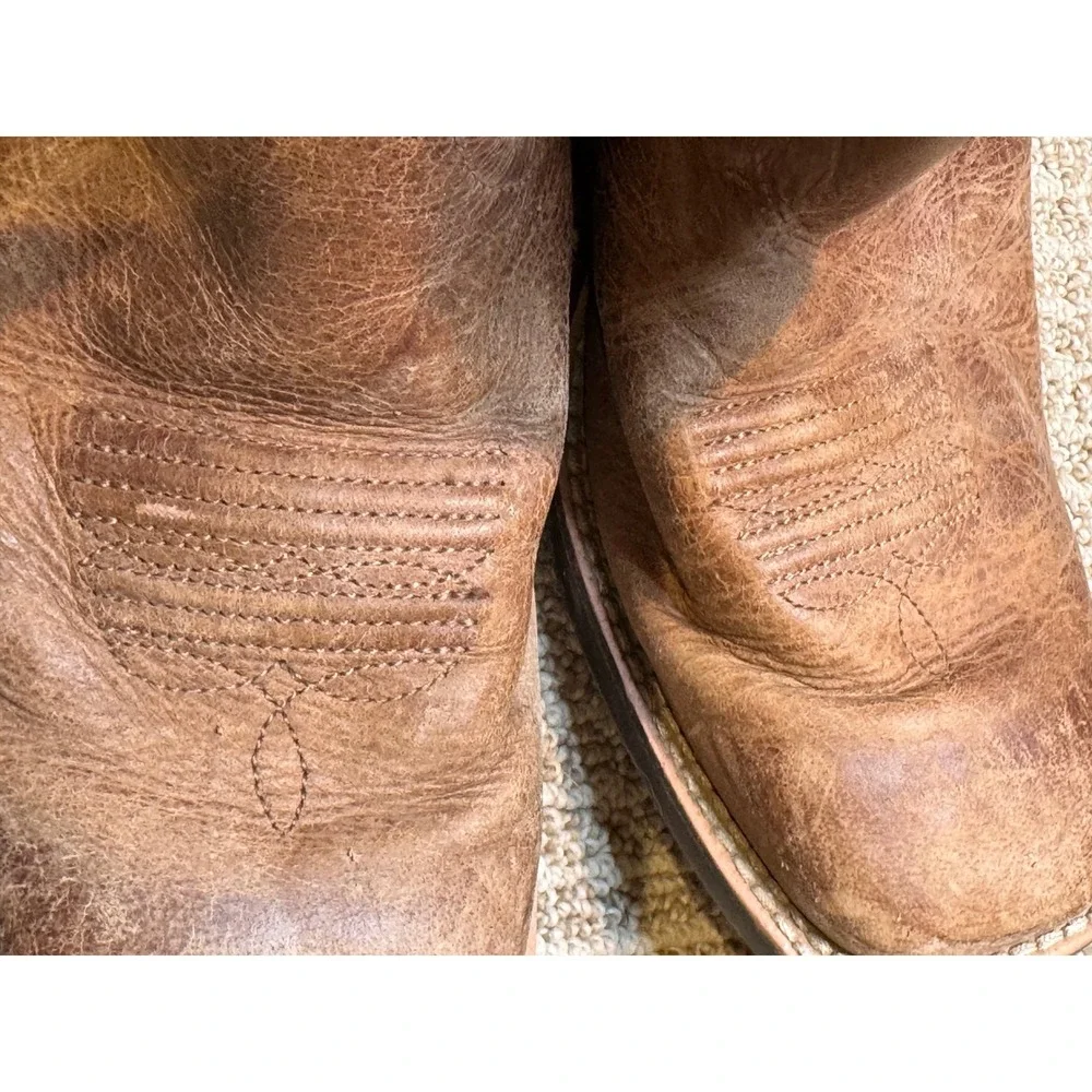 Ariat‎ Kids Square Toe Western Cowboy Boots Brown Green Stitching Pull-On size 4